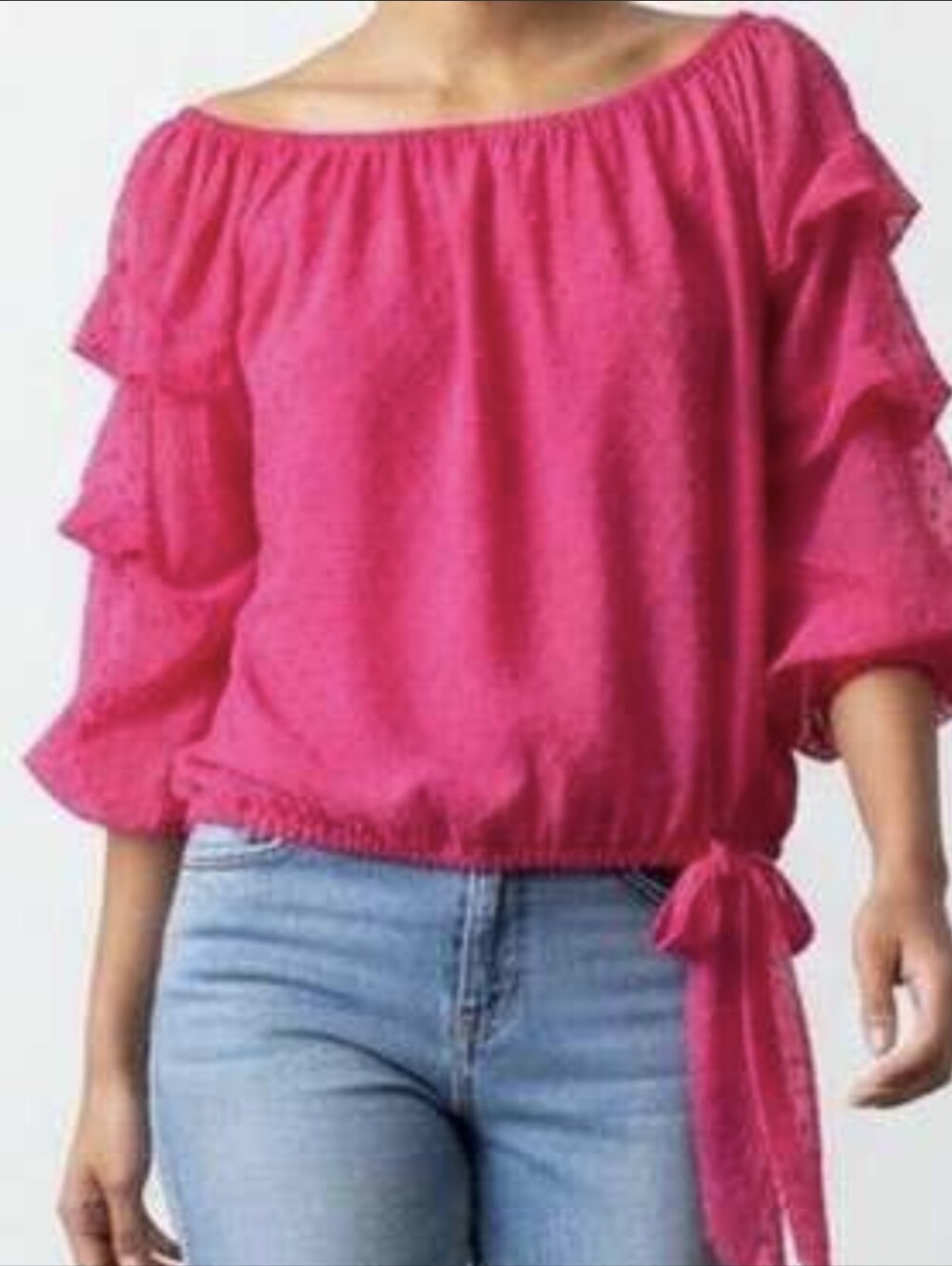 CeCe Off-Shoulder Ruffle Sleeve Blouse in Bright Pink Size XL